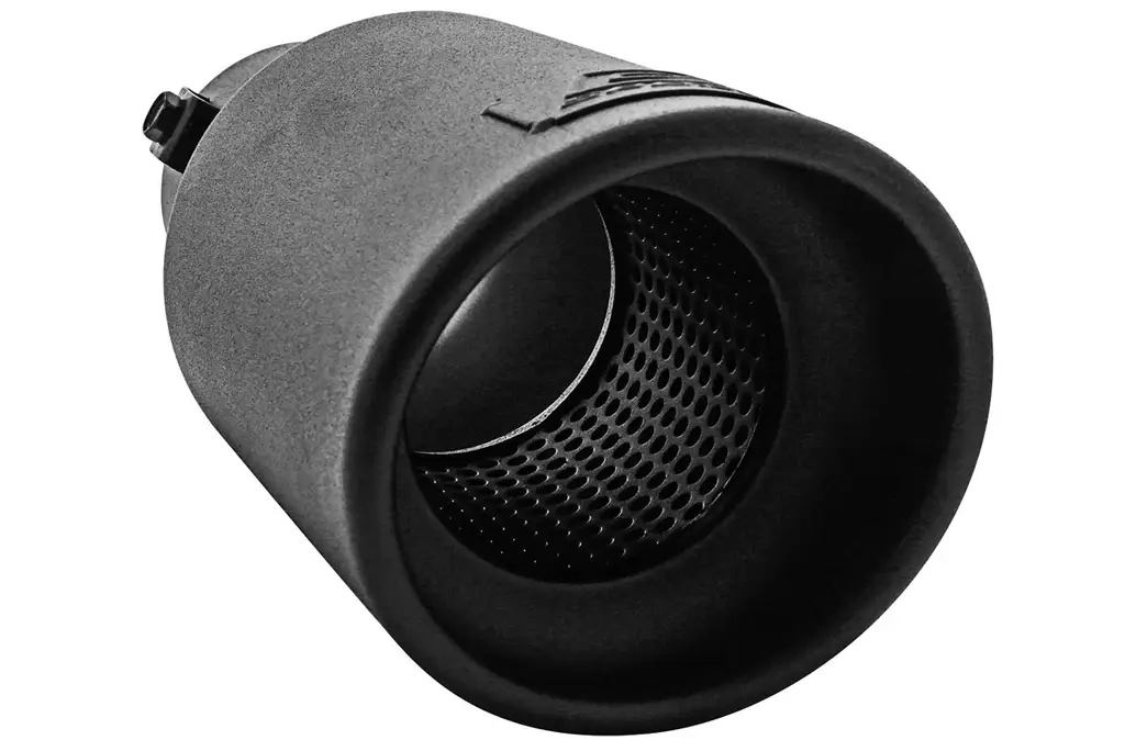 Resonated exhaust tip with a perforated inner tube visible inside the outlet