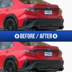 Before and after comparison of a 2022-2025 Subaru WRX with and without tail light tint.