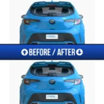 A before and after shot of a Corolla Hatchback with third brake light and reflector tint overlays.