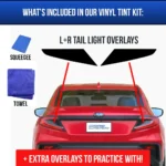 Complete tail light tint kit for the 2022+ Subaru WRX. Set includes overlays, a squeegee, instruction manual and extra practice overlay.