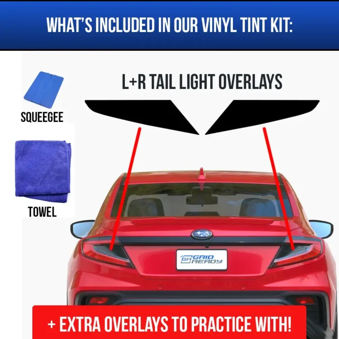 Complete tail light tint kit for the 2022+ Subaru WRX. Set includes overlays, a squeegee, instruction manual and extra practice overlay.