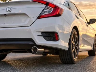 Rear of a white Honda Civic sedan with a polished resonated exhaust tip under the bumper
