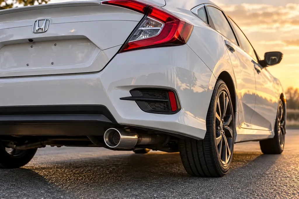 Rear of a white Honda Civic sedan with a polished resonated exhaust tip under the bumper