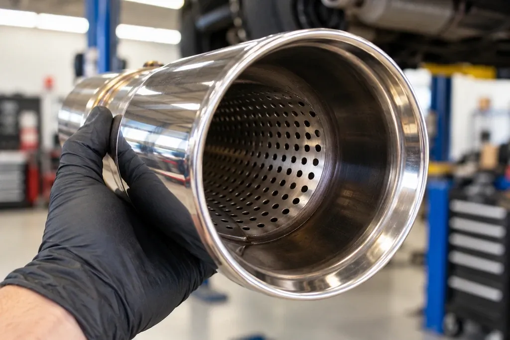 Looking into a resonator exhaust tip, showing the perforated inner tube that holds the sound-absorbing packing