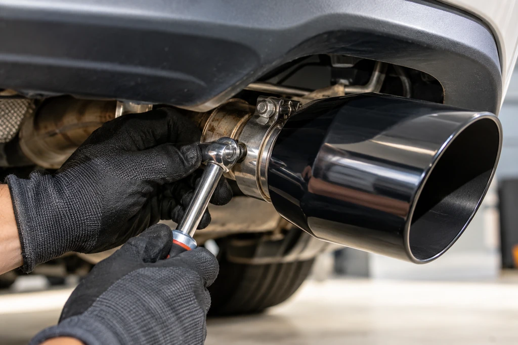 Tightening the collar clamp on a bolt-on exhaust tip with a socket wrench behind the rear bumper