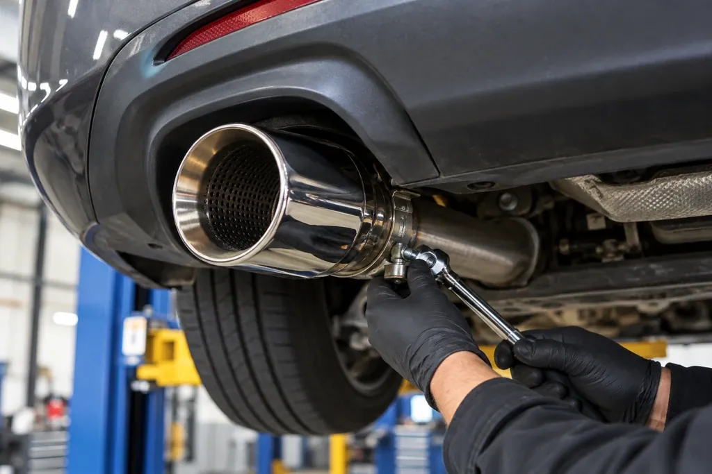Tightening the clamp on a resonated exhaust tip behind the rear bumper of a car on a lift