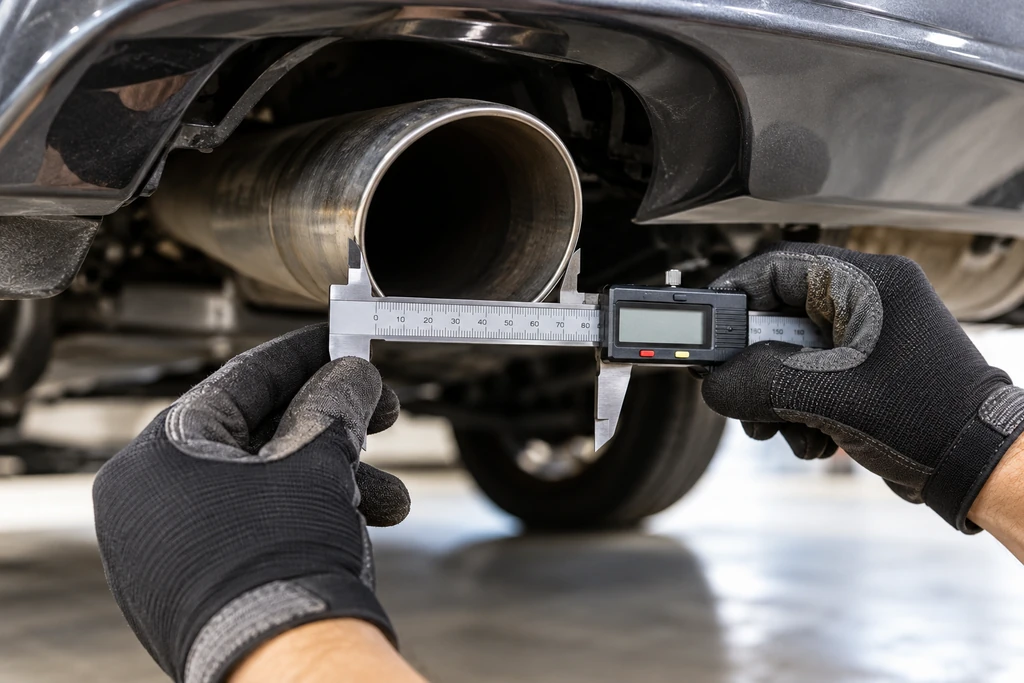 Measuring the outside diameter of an exhaust pipe with a digital caliper before buying exhaust tips